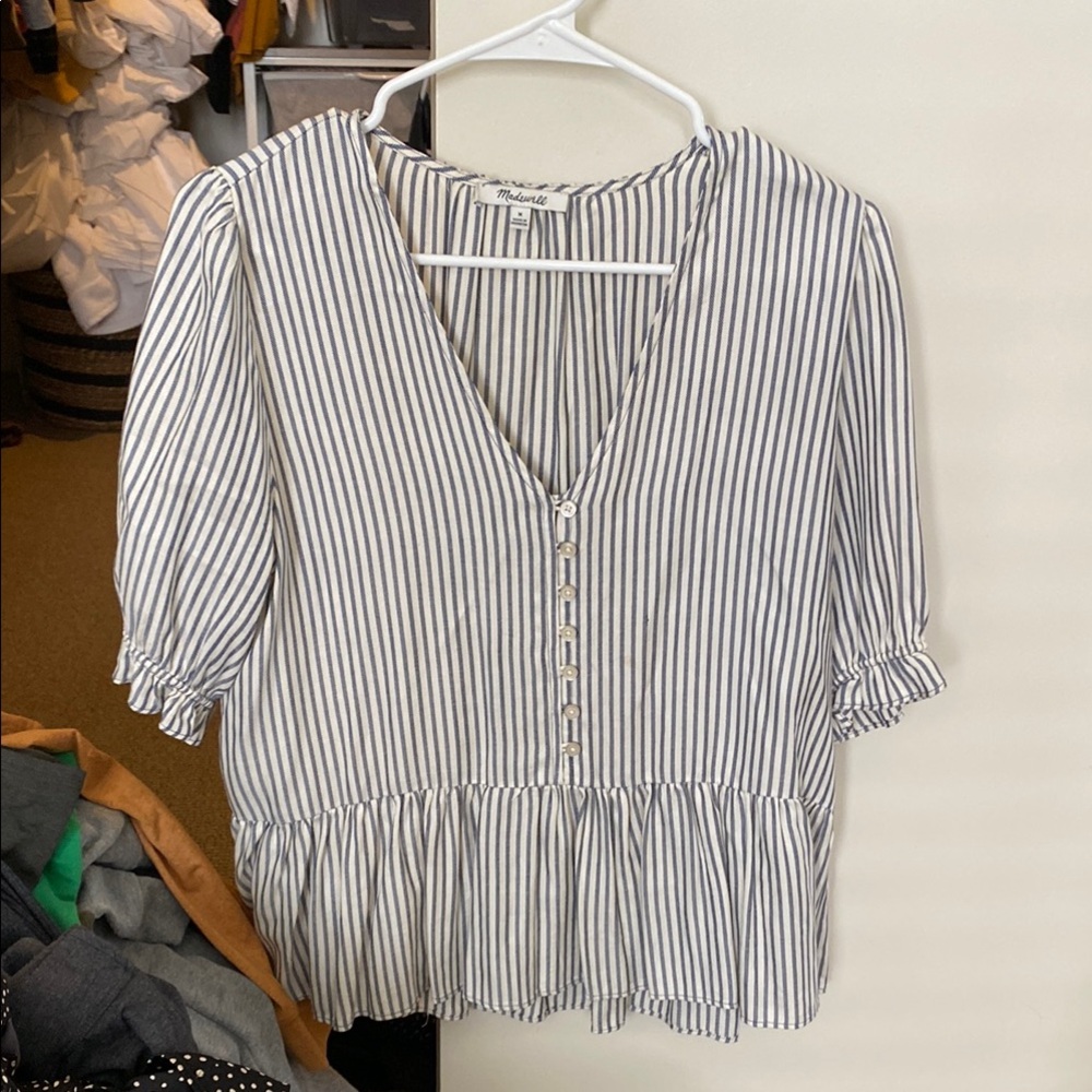 Madewell Black and White Puff Sleeve Peplum Blouse